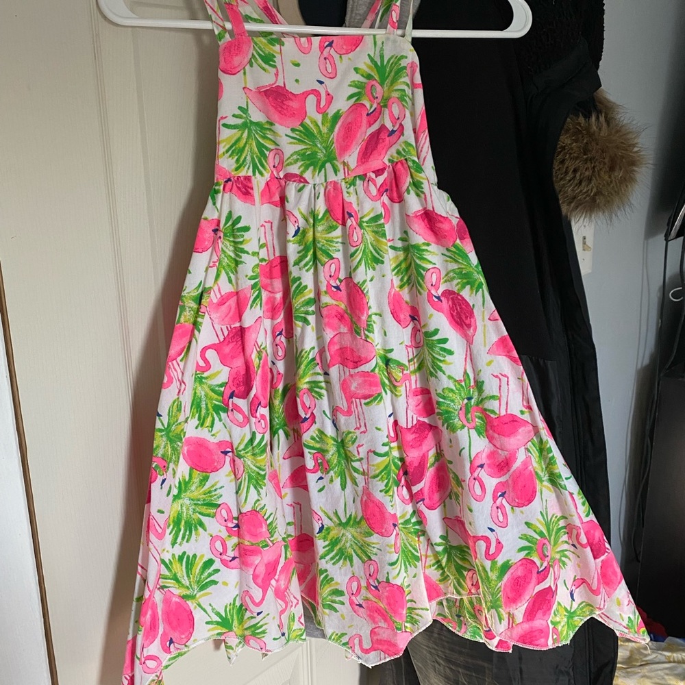 Girls hot pink flamingo dress with cross cross straps